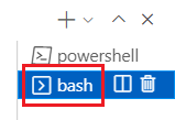Skärmbild av terminalfönstret i Visual Studio Code med bash-terminalen markerad.