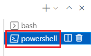 Skärmbild av terminalfönstret i Visual Studio Code med PowerShell-terminalen markerad.