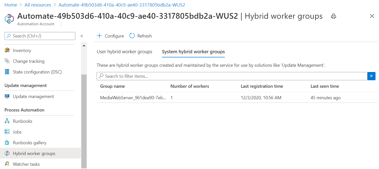 Skärmbild som visar den virtuella datorn som Hybrid Worker-systemgrupp för Automation-kontot.