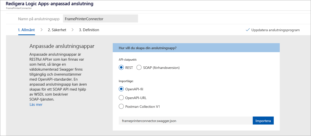 Screenshot that shows how to upload an OpenAPI file for a custom connector.