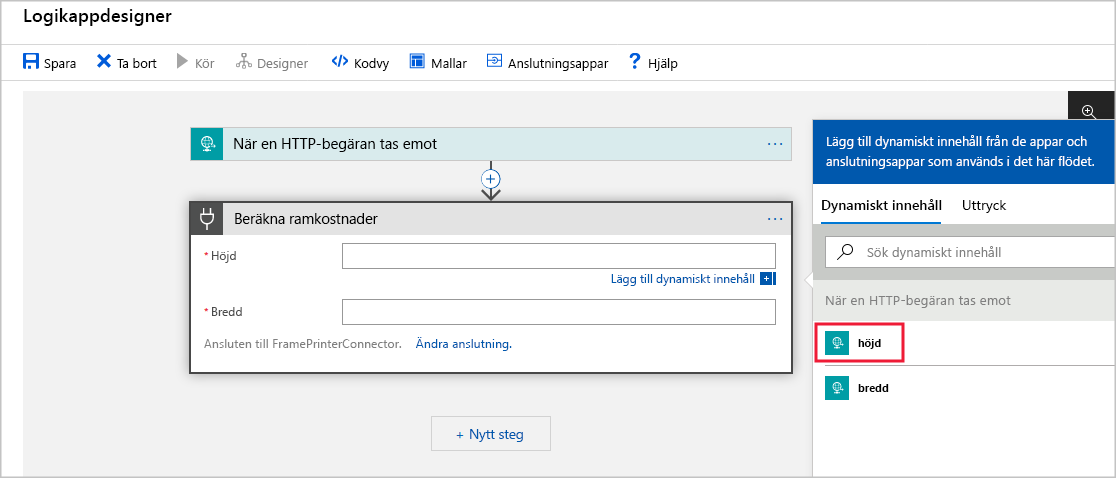 Skärmbild som visar den anpassade anslutningsappen och parametern 