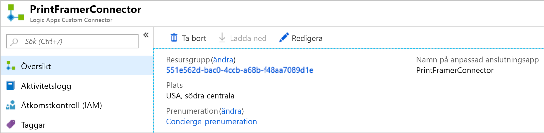 Skärmbild som visar redigeraren för anpassad anslutningsapp.