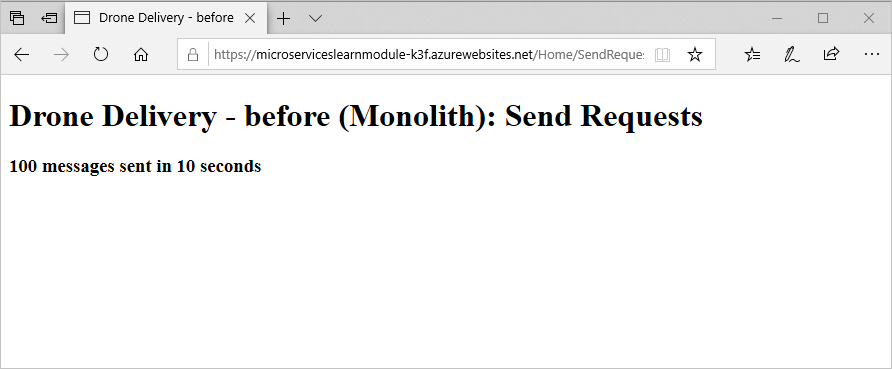 Skärmbild av webbplatsen för drönarleverans när du har kört prestandatestet.