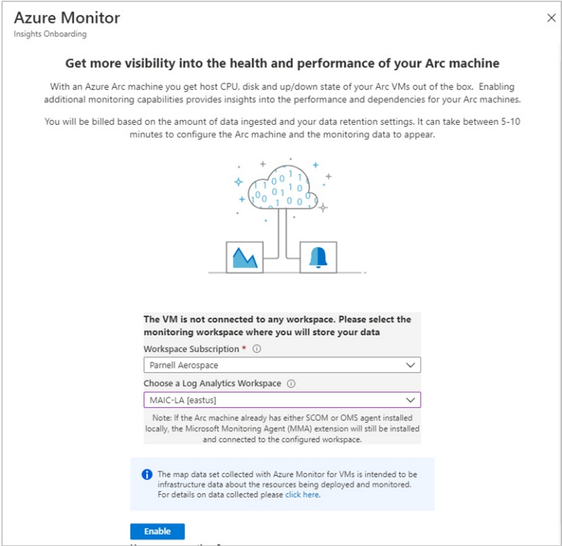 Screenshot of Azure Monitor's enable VM Insights page.