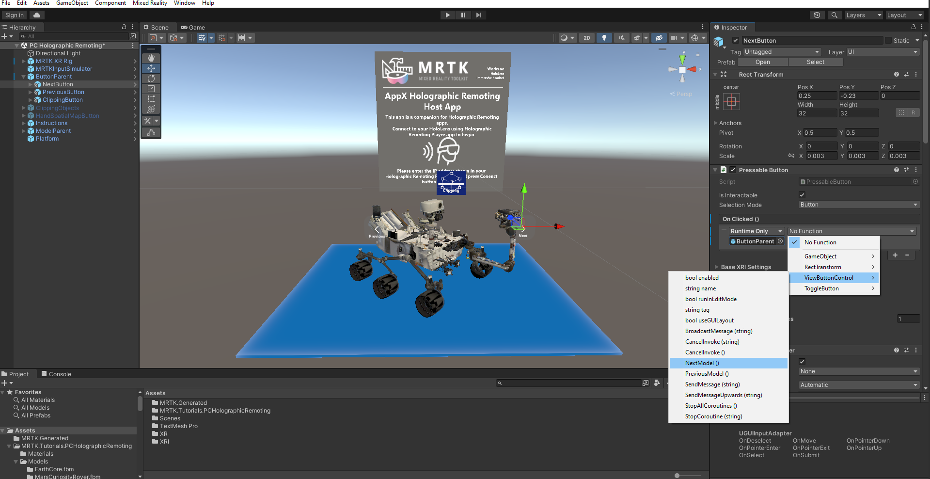 Screenshot of selecting ViewButtonControl and NextModel.