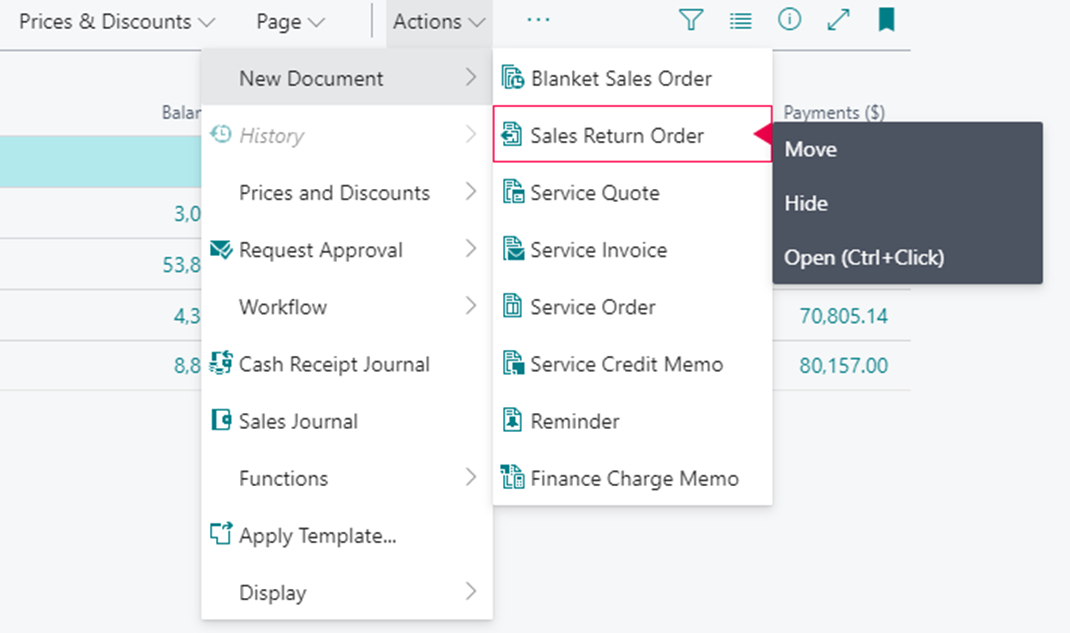 Screenshot of the action menu options to move, or hide/show.