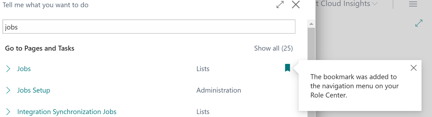 Screenshot of the bookmark alert after adding a page to the role center.