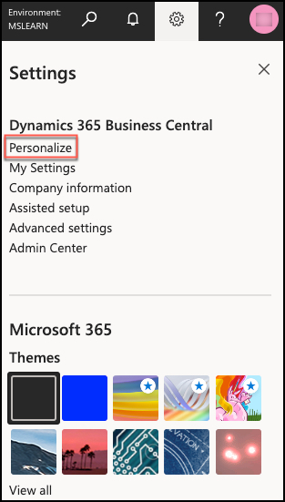Screenshot of the Settings page with the Personalize option highlighted.