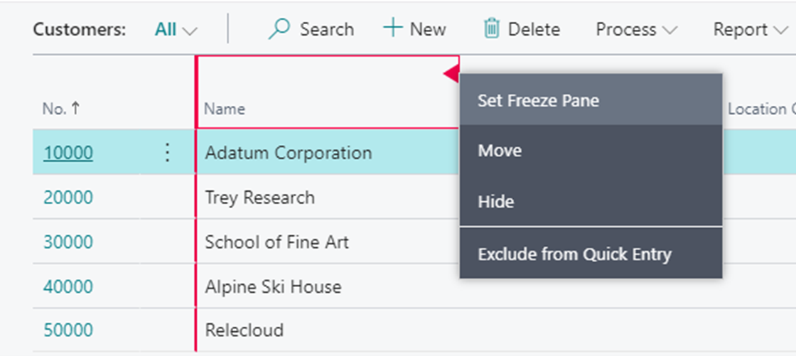 Screenshot of the action menu options for lists.