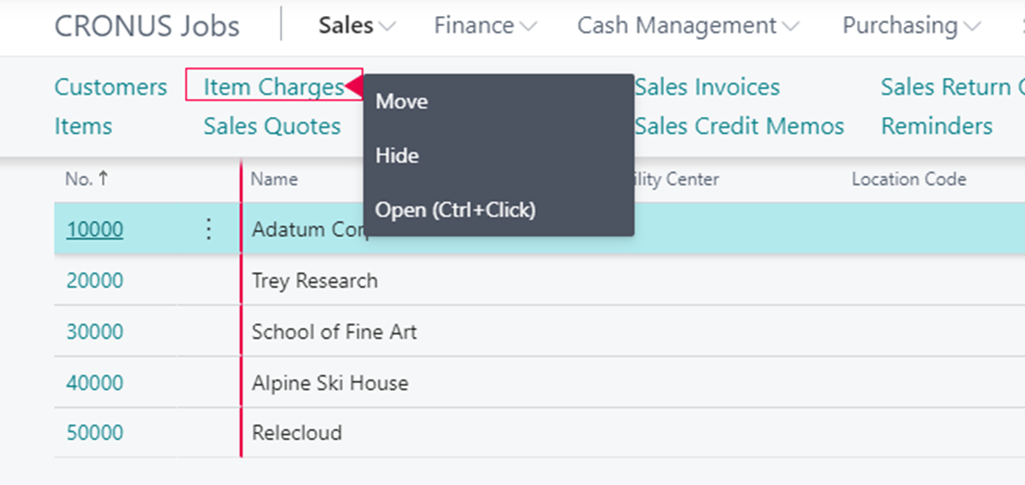 Screenshot of personalizing a menu option in Business Central.