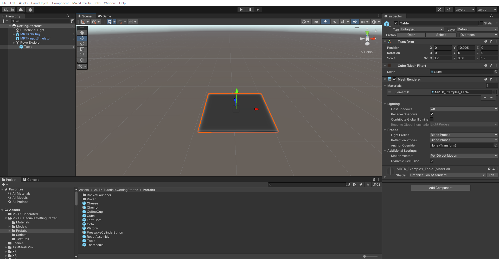 Skärmbild av den nyligen tillagda tabellprefab som valts och placerats.
