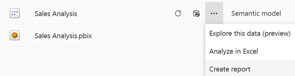 En skärmbild av Power BI-tjänst med ellipsen expanderad för en semantisk modell med Skapa rapportalternativ valt.