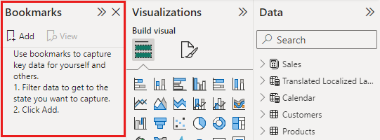 Skärmbild som visar fönstret Bokmärken med en konfigurerad vy av en rapportsida, inklusive filtrering och status för visuella objekt.