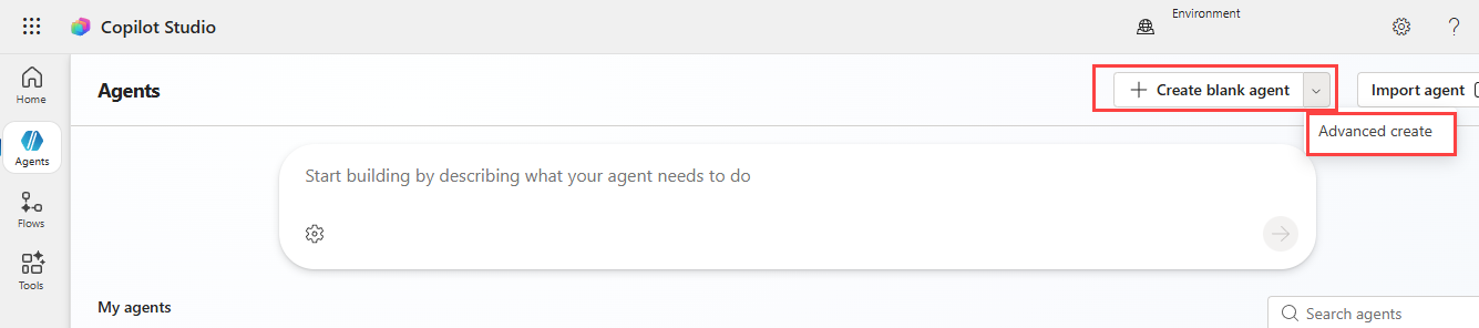 Screenshot of the creating agent prompt in Copilot Studio.