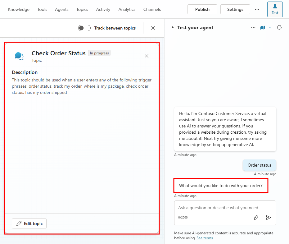 Screenshot of the result of you testing the agent.