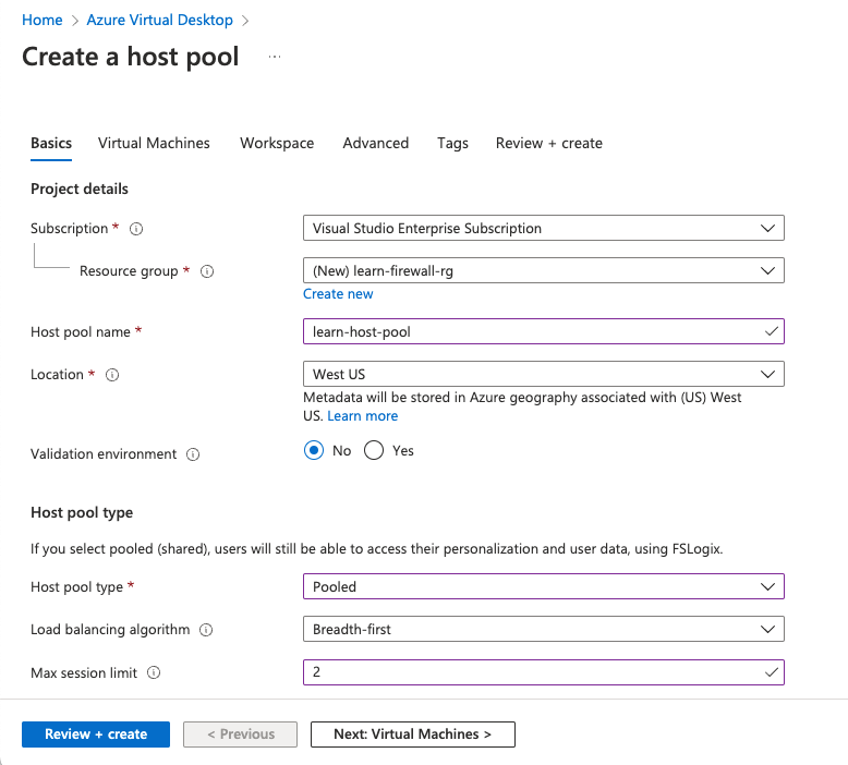 Screenshot showing the information to enter for the host pool creation.
