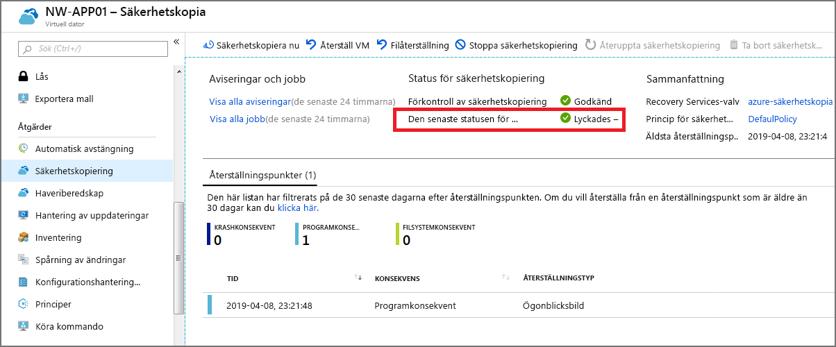 Skärmbild av sidan Säkerhetskopiering när den har konfigurerats.