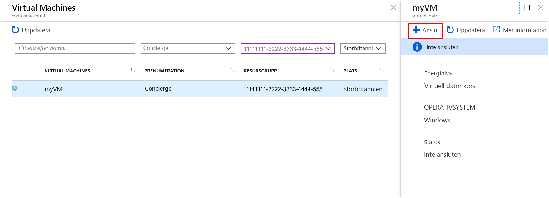 Skärmbild av Azure-portalen som visar fönstret Virtuella datorer.