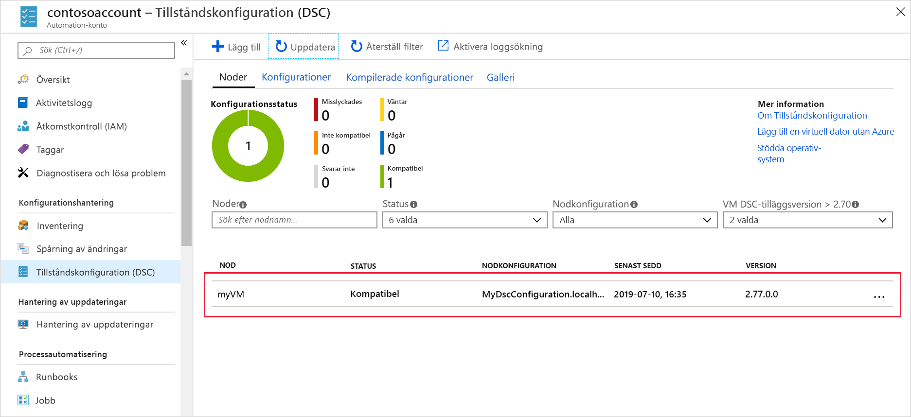 Skärmbild av Azure-portalen som visar fönstret Noder med myVM registrerat.