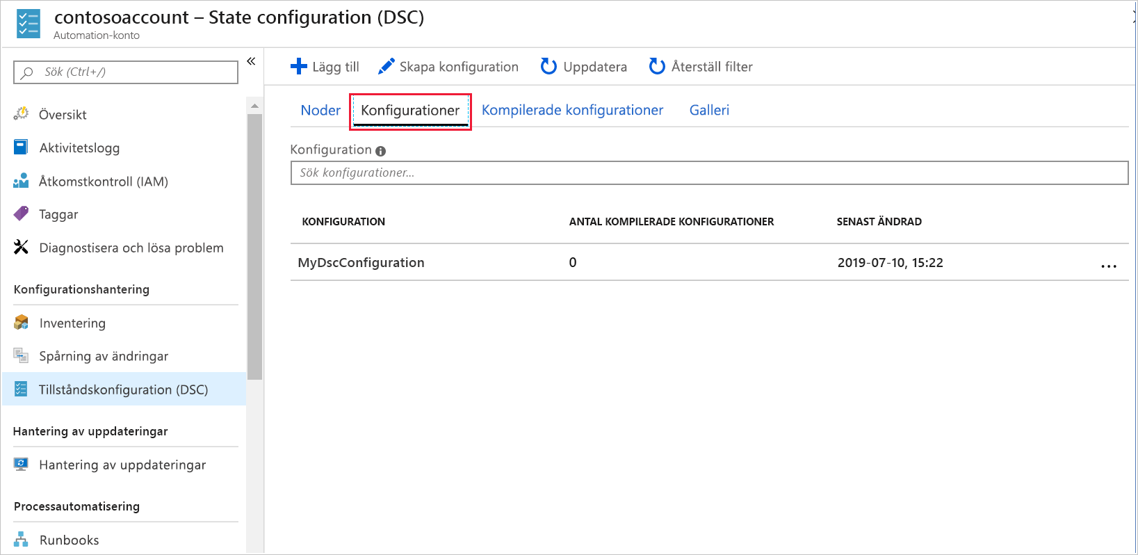 Skärmbild av Azure-portalen som visar de tillståndskonfigurationer som är tillgängliga i fönstret Tillståndskonfiguration (DSC).