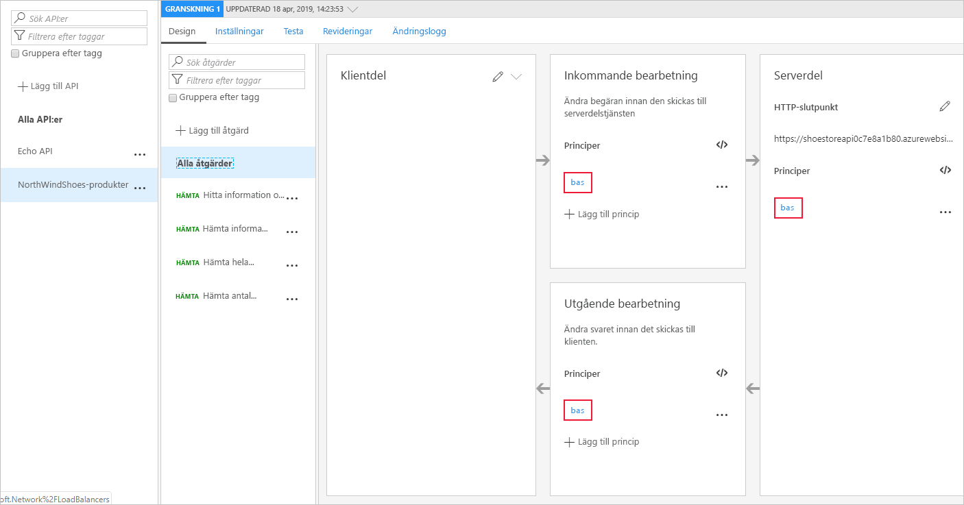 Screenshot of Azure portal showing API configuration for all operations with base policies highlighted for inbound, outbound, and backend sections.