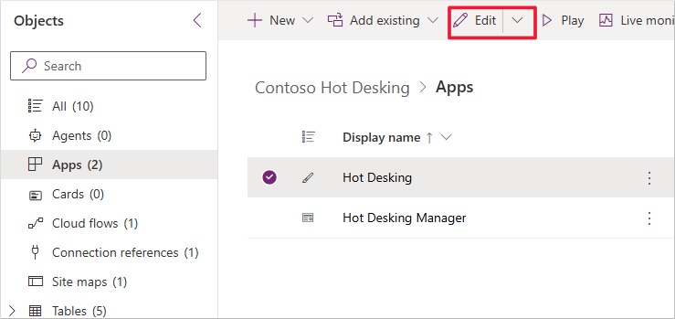 Screenshot of the Edit application button for the Hot Desking application.