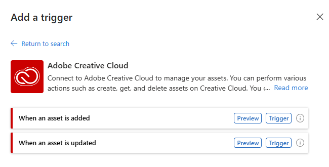 Skärmbild som visar arbetsflödesdesignern och den valda anslutningsappen med tillgängliga utlösare.