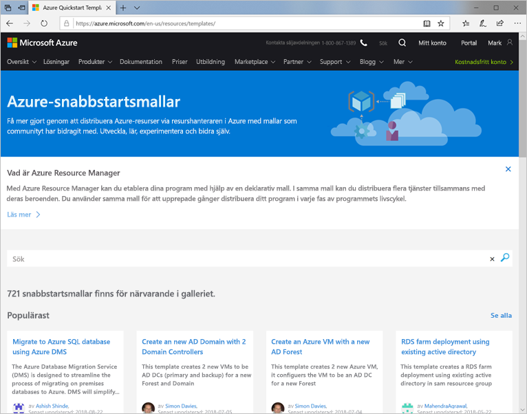 Screenshot showing the Azure templates.