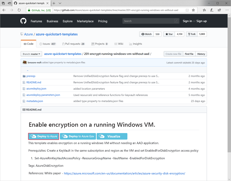 Screenshot showing GitHub template with the Deploy to Azure button highlighted.