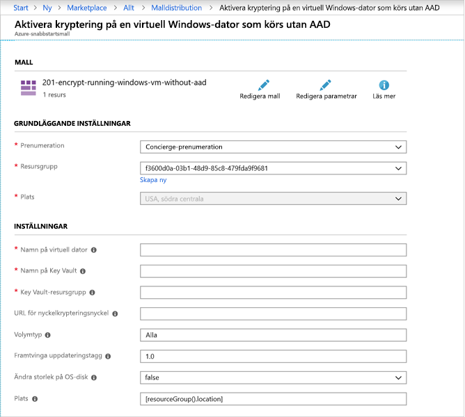 Screenshot showing template in Azure portal.