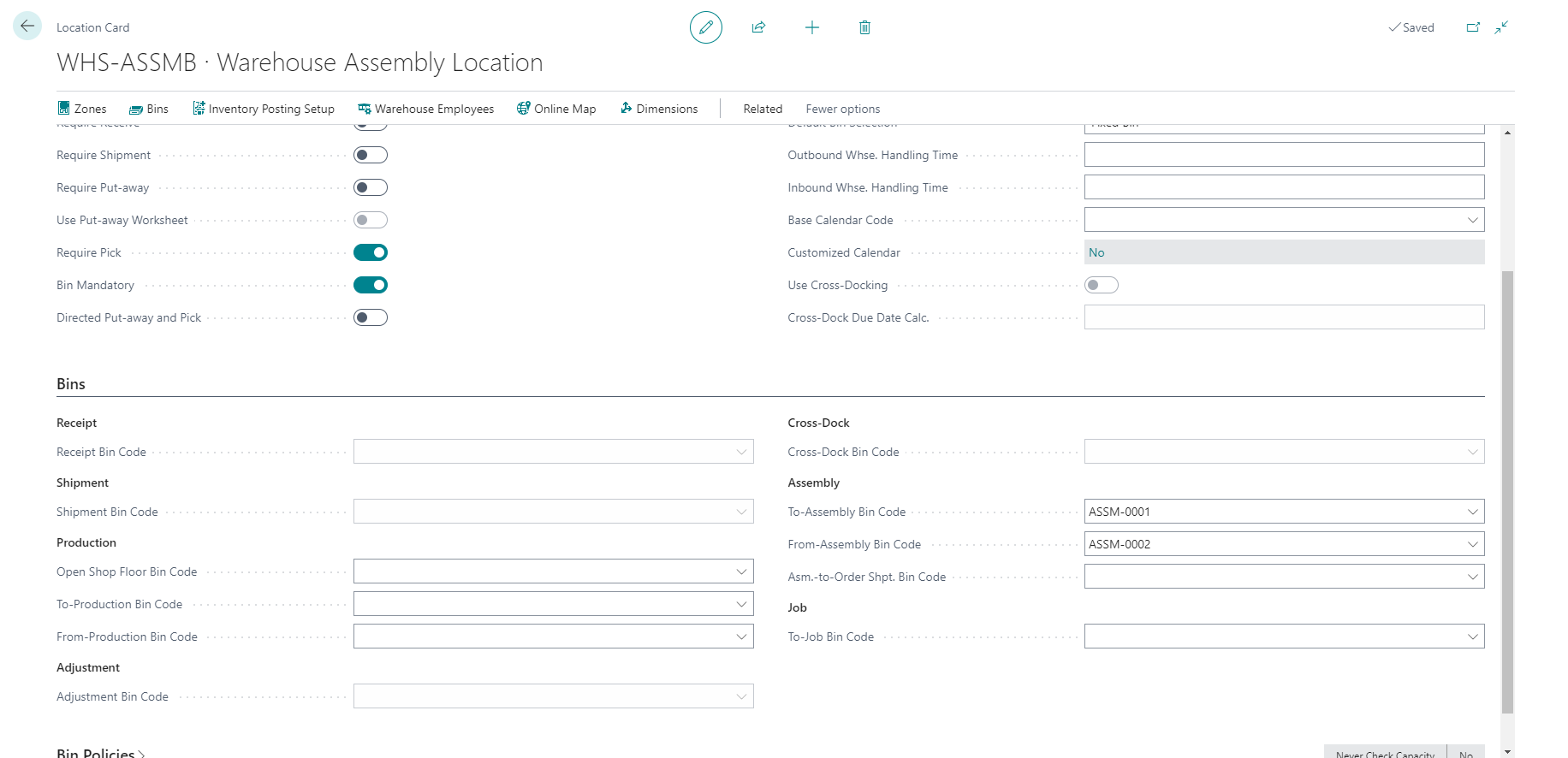 Screenshot of the warehouse and bins configuration on the Location Card.