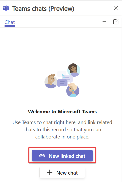 Screenshot of Team chats showing the New linked chat button.