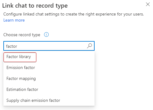 Screenshot of the Link chat to record type form with Factor library selected in the Choose record type lookup.