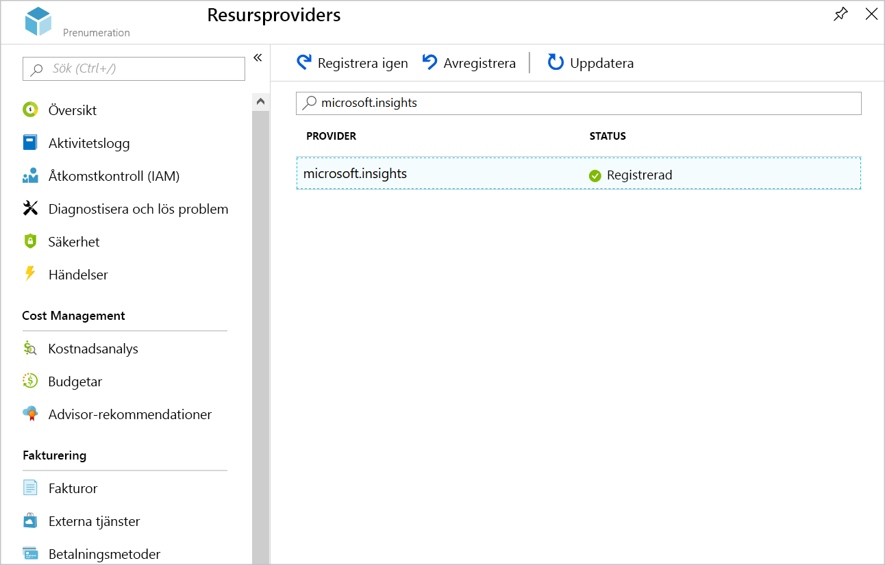 Screenshot showing the registered Microsoft.Insights provider.