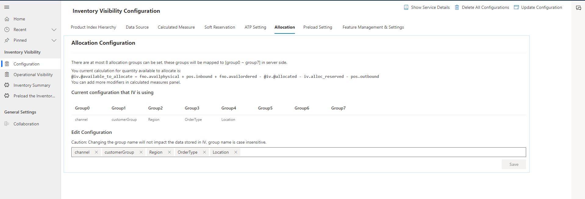 Screenshot of the Allocation tab of the Inventory Visibility Configuration page.