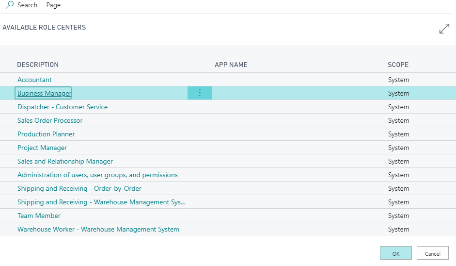 Screenshot of list of available role centers.
