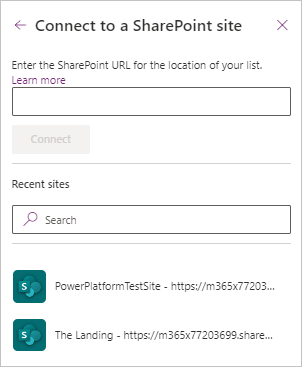 Connect to a SharePoint site pane showing the sites available to the user.