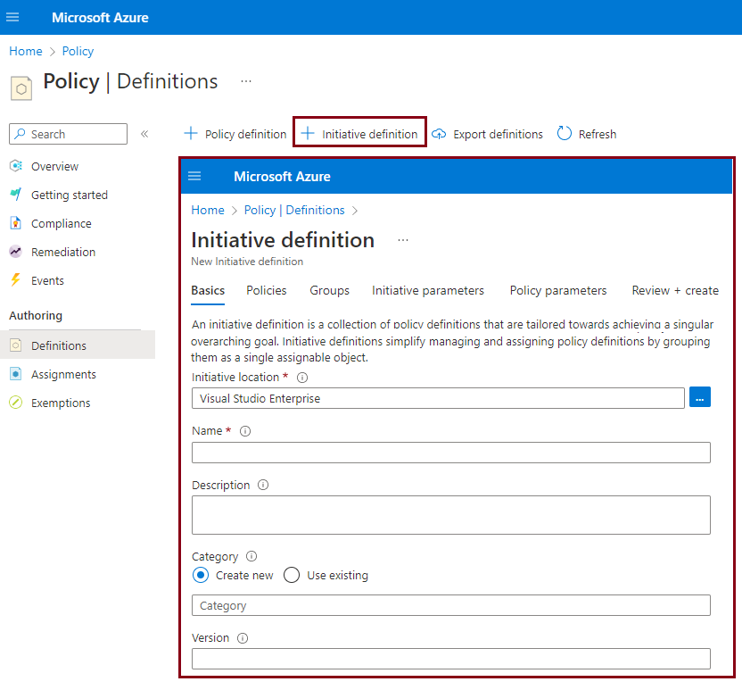 Screenshot that shows how to create a new initiative definition.