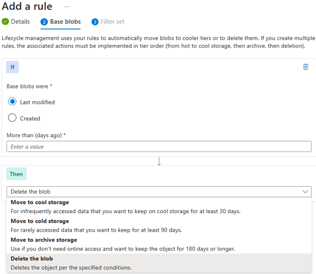 Skärmbild som visar hur du lägger till en principregel för livscykelhantering för blobdata i Azure Portal.