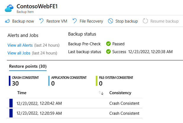 Skärmbild som visar återställningspunkter i ett Recovery Services-valv för en ögonblicksbild av en virtuell dator i Azure Portal.