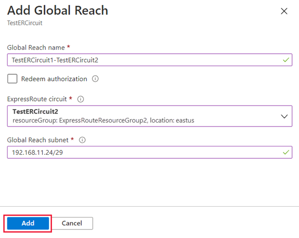 Azure portal - Add GlobalReach details