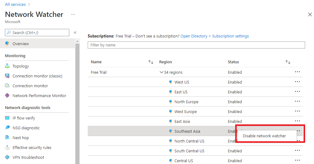 Network Watcher - Overview page - Disable network watcher highlighted