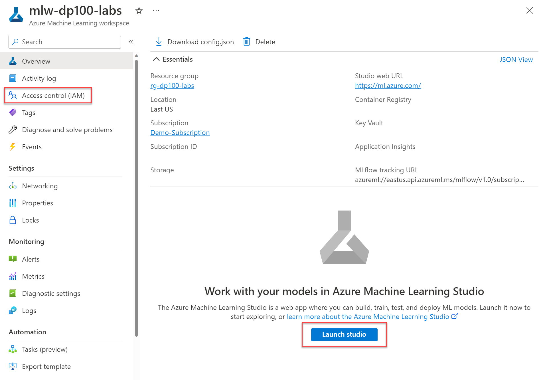 Screenshot of the overview page of the Azure Machine Learning workspace in the Azure portal.