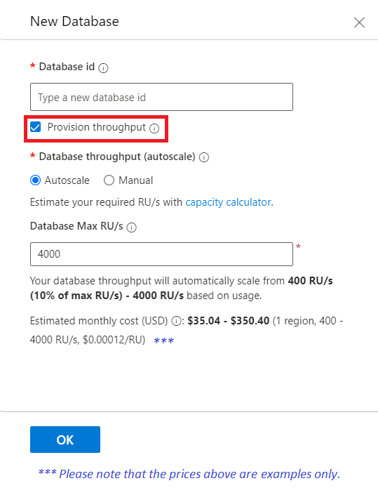 Skärmbild som visar hur du skapar en Azure Cosmos DB för MongoDB-databas.