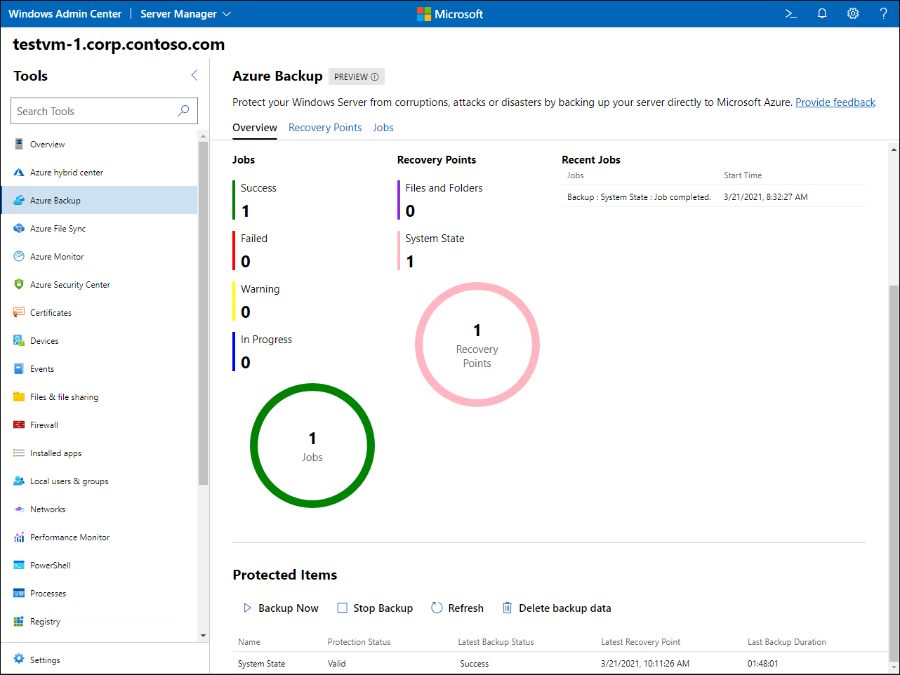 The screenshot depicts how you can use Windows Admin Center to review the backup status, trigger on-demand backups following the initial scheduled backup, track backup jobs, as well as view recovery points and recover data.