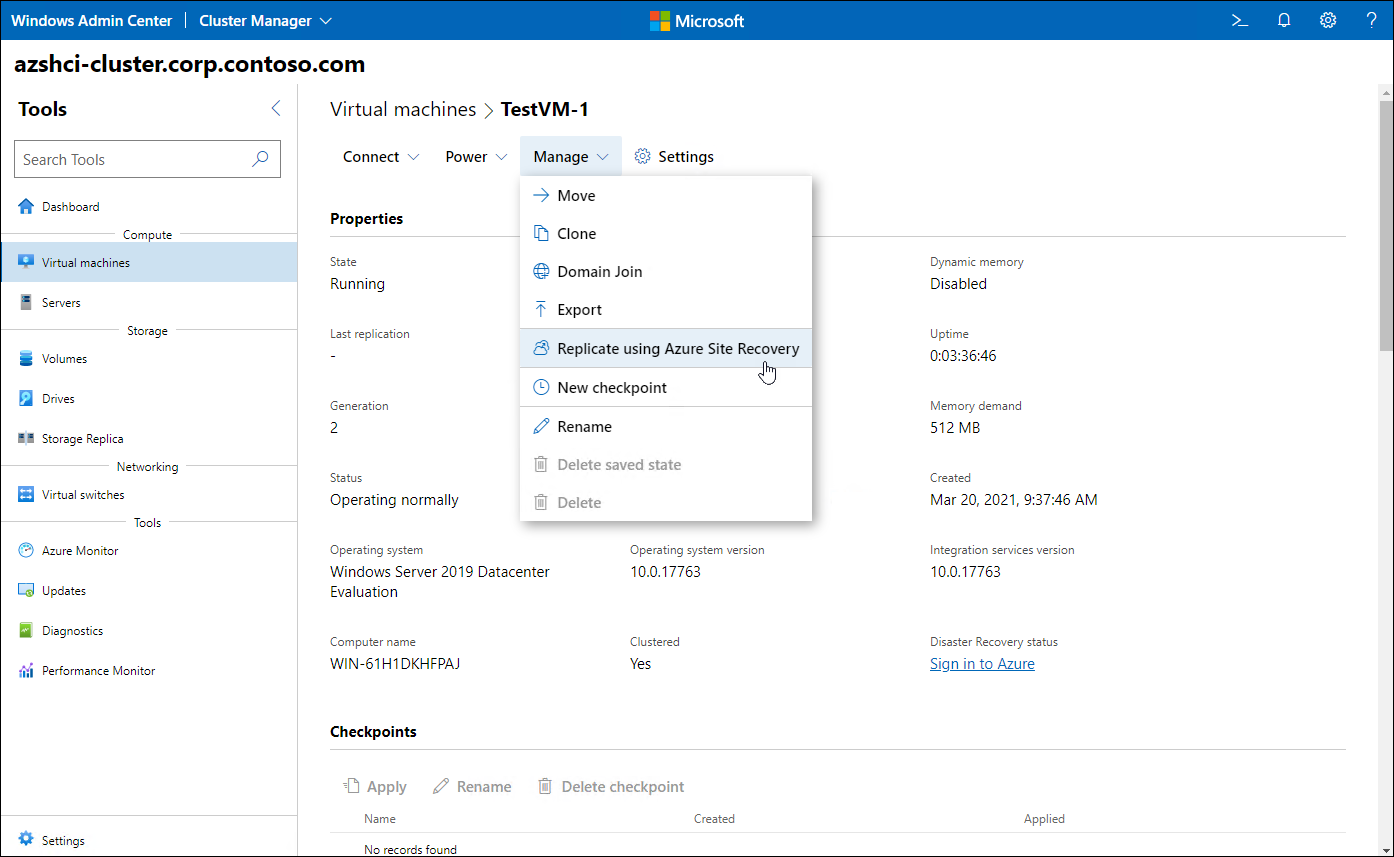 The screenshot depicts how you can use Windows Admin Center to enable protection for individual VMs after all required infrastructure components are provisioned.