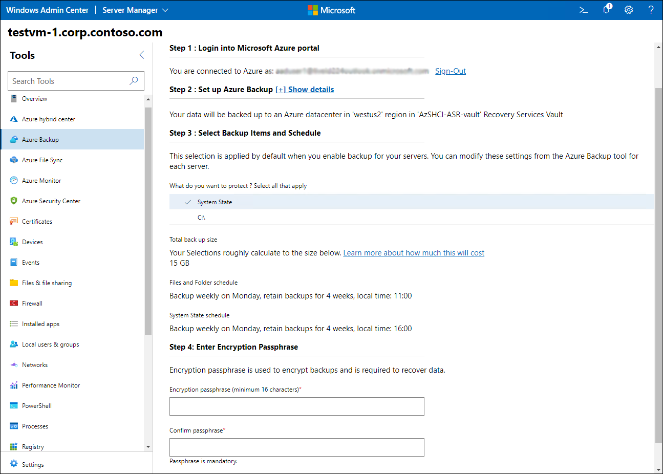 The screenshot depicts how Windows Admin Center automatically provisions all required Azure components, including the target Azure Recovery Services vault, and installs the MARS agent on the protected VMs. Windows Admin Center assigns a default backup schedule and retention period, gives you the option to back up system state and individual volumes, and prompts you to specify an encryption passphrase.