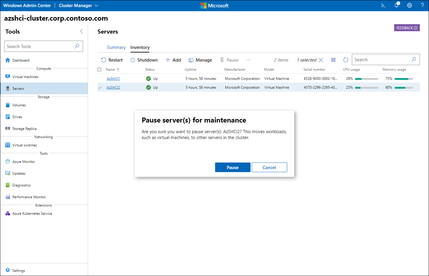 The screenshot depicts the Cluster Manager interface in Windows Admin Center displaying the pause option for one of the cluster nodes in the server inventory.