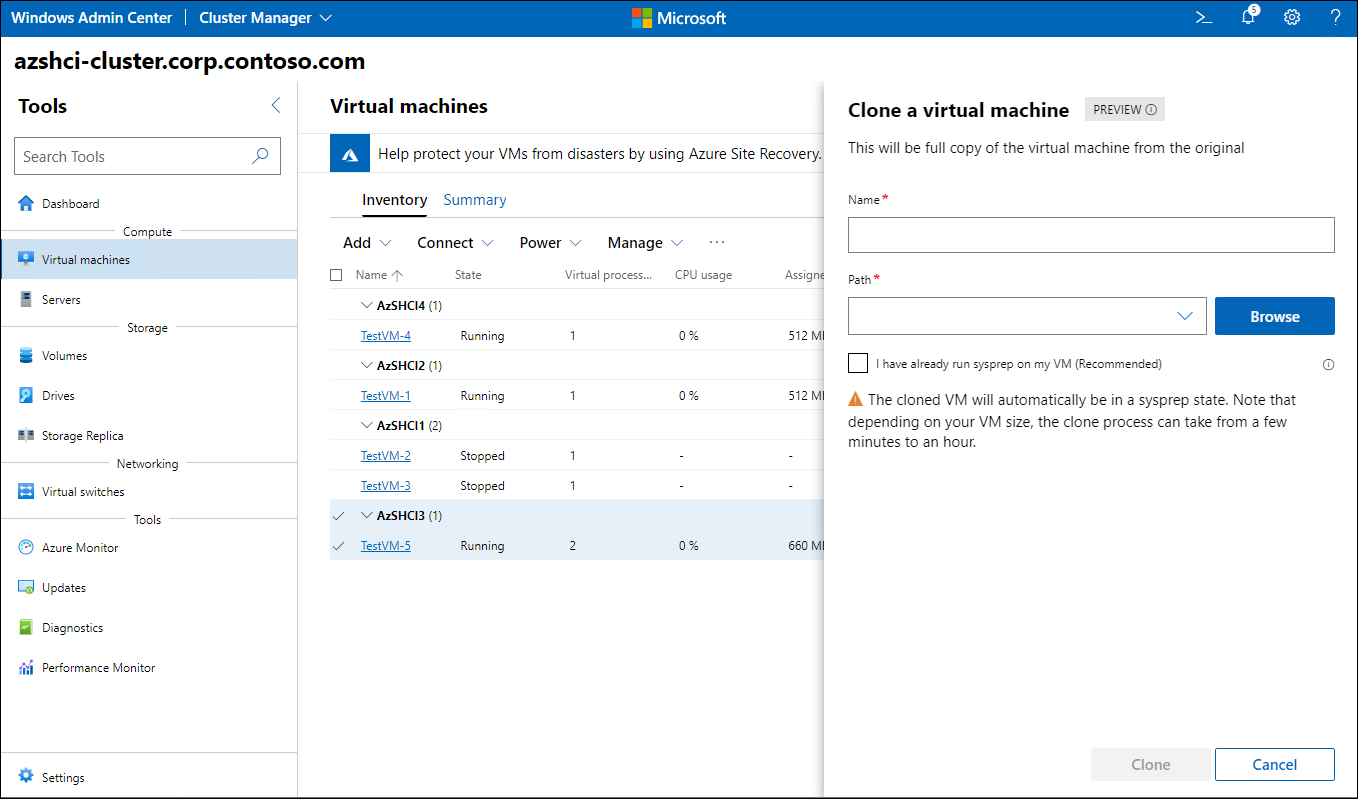 The screenshot depicts the **Clone a virtual machine** dialog box. The cloning process generates a generalized copy of a VM, which automatically includes running Sysprep before shutting down the operating system, unless you explicitly confirm that you've already completed this step.