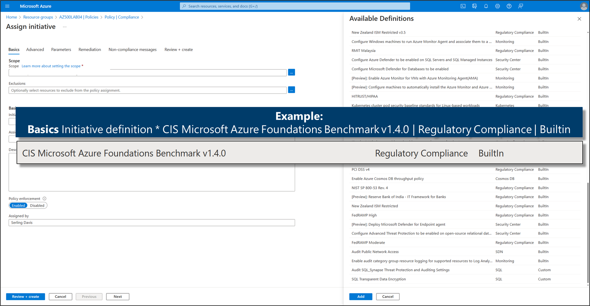 Skärmbild som visar ett exempel på CIS Microsoft Azure Foundations Benchmark.